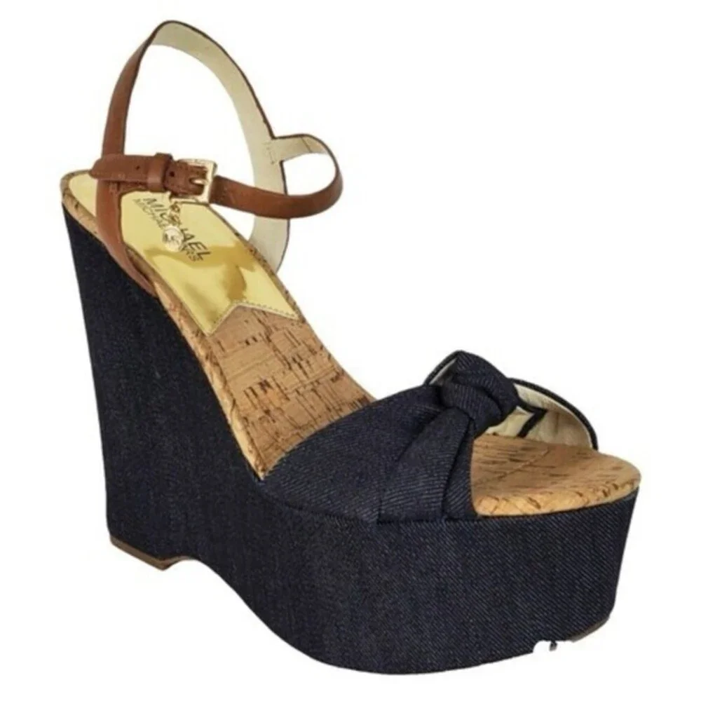 Michael Kors Denim Cork Wedge Sandals Size 9  Ankle Strap Espadrille Heels